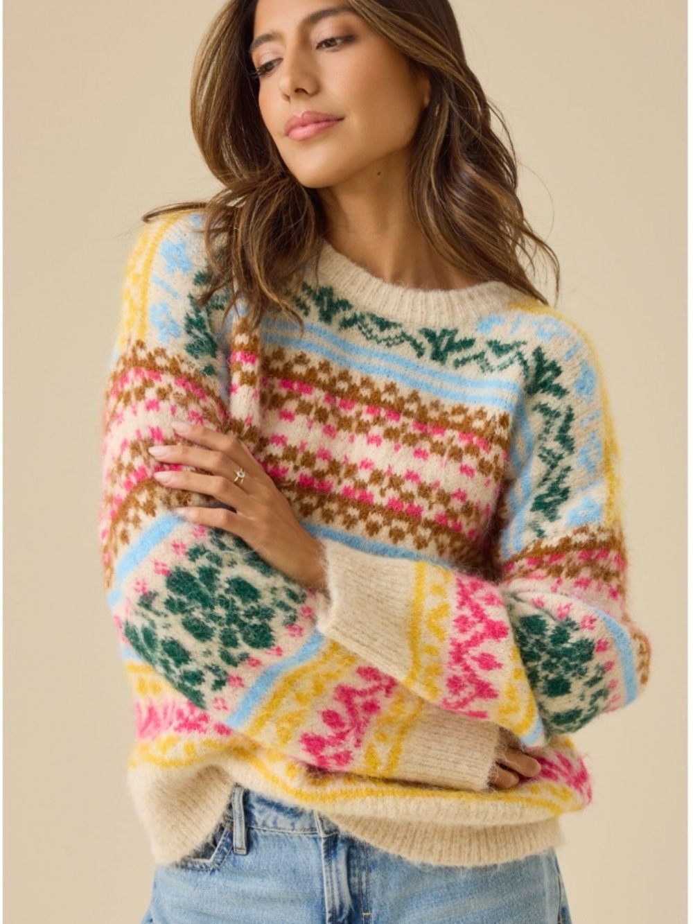Altar'd State Cream Fair Isle Crewneck Sweater with Pink, Green & Blue Accents